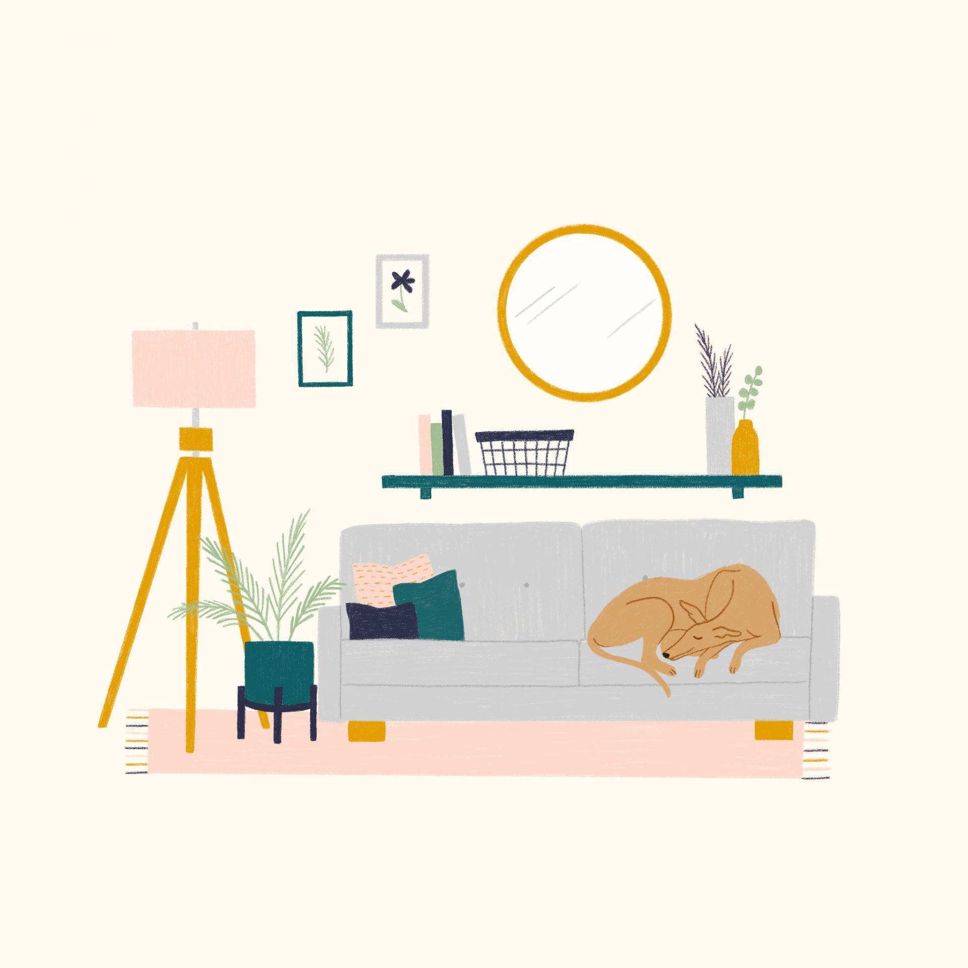 Illustration of a fawn greyhound snoozing on a grey couch in a living room