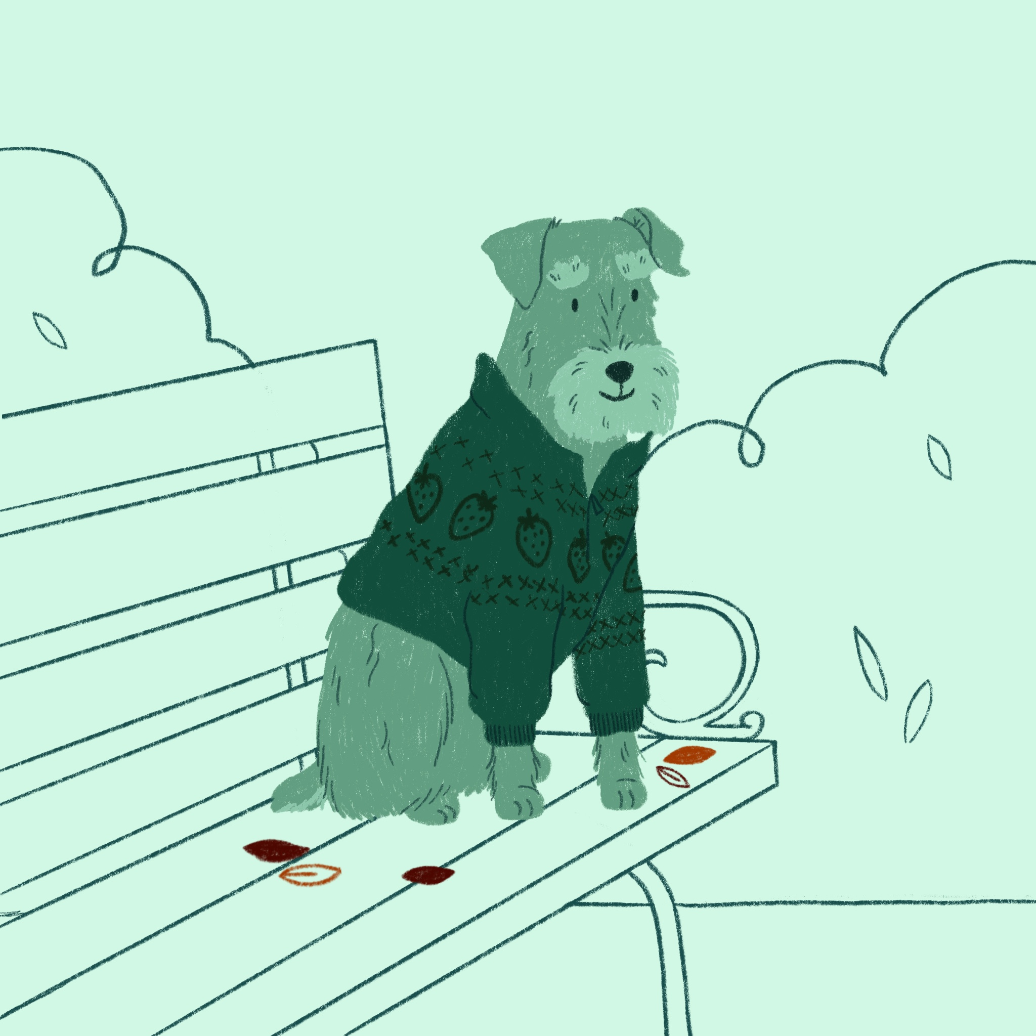 A schnauzer in a sweater sits on a park bench