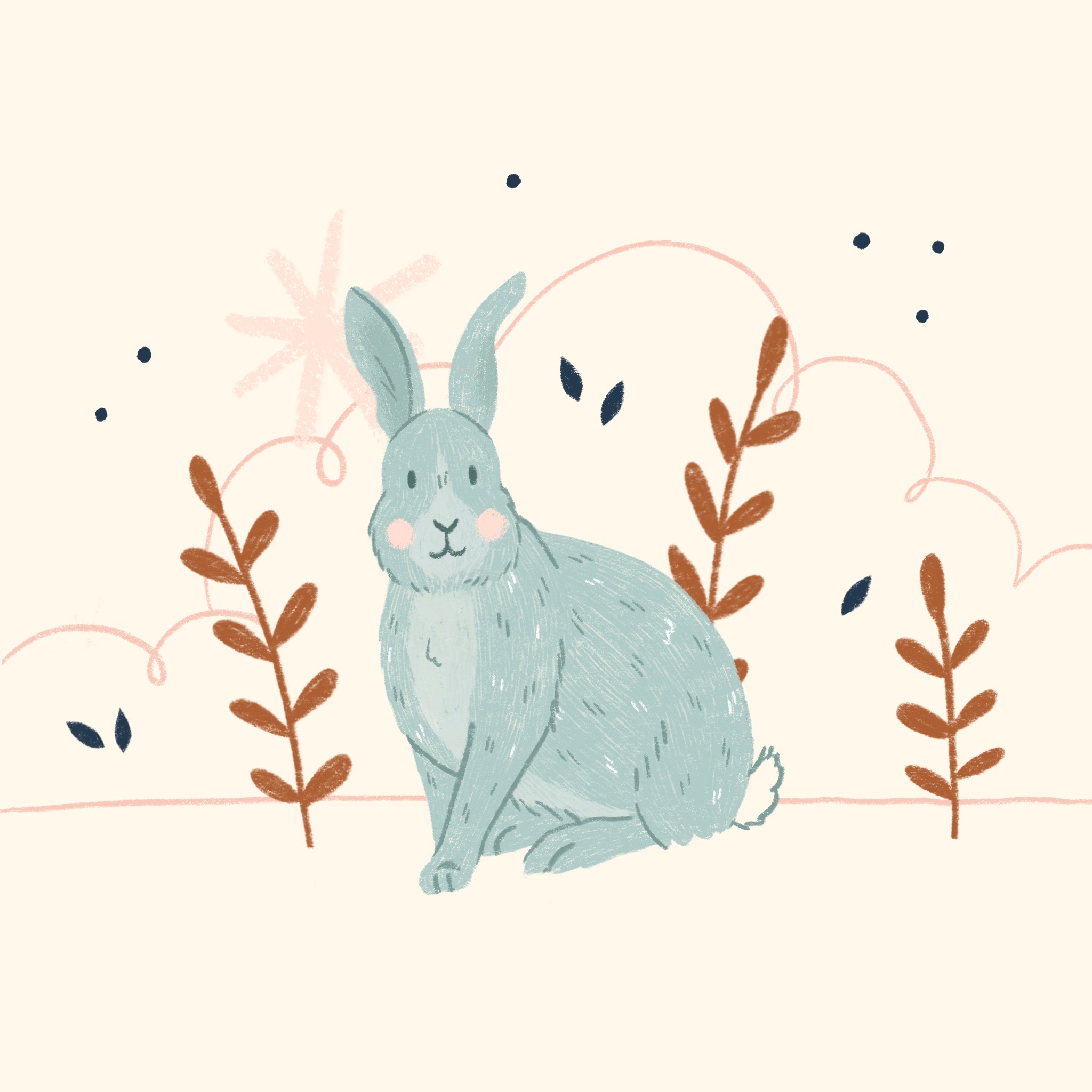 An illustration of a rabbit standing in front of some leaves and bushes