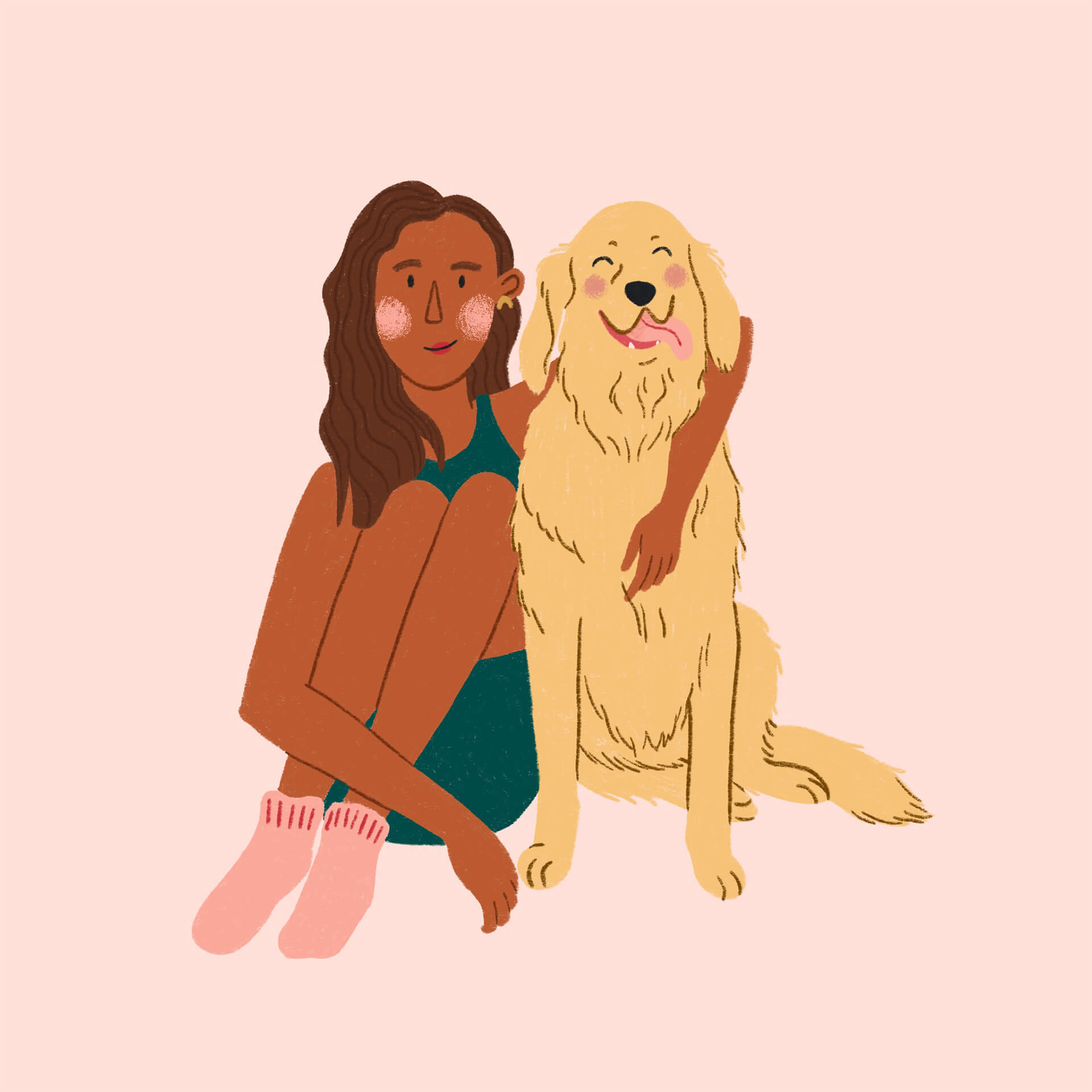 An illustration of a girl wearing pink socks hugging a golden retriever