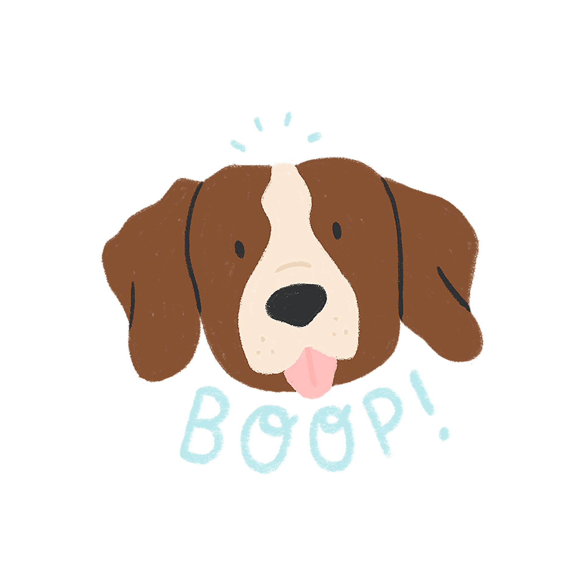An illustration of a brown and white dog head with the word 
