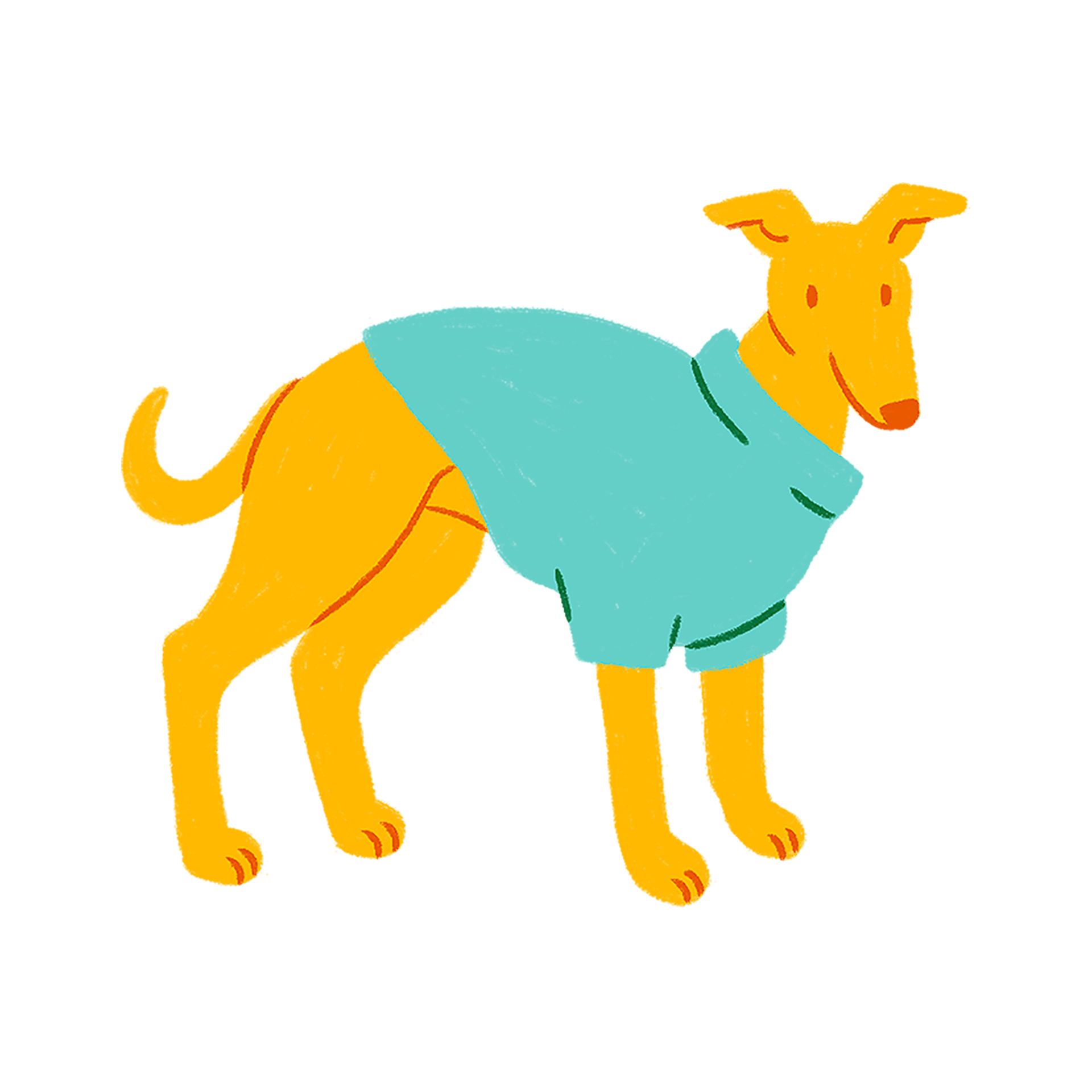 An illustration of a yellow dog in a blue sweater