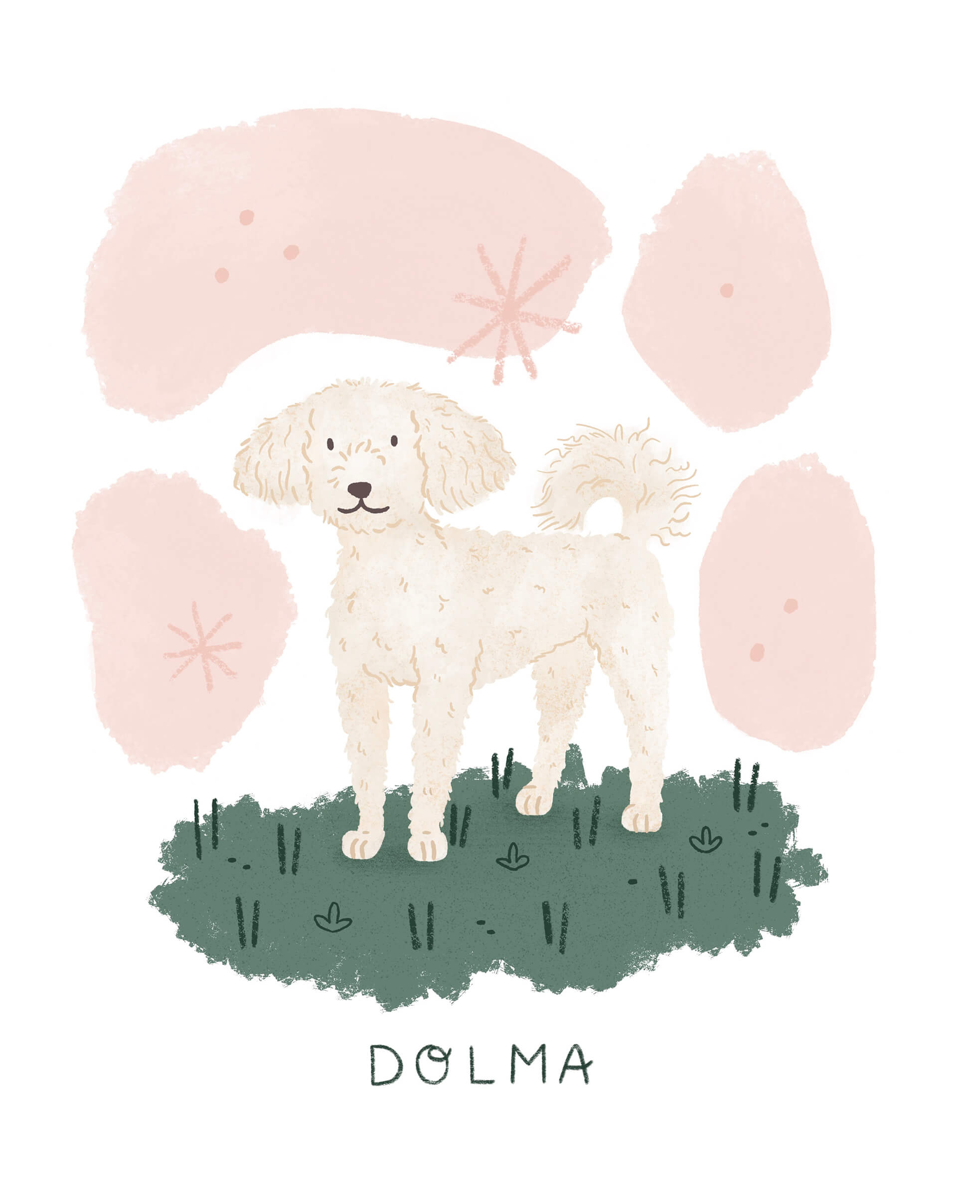 An illustrated of a small beige poodle mix dog standing on some grass with pink abstract shapes around her