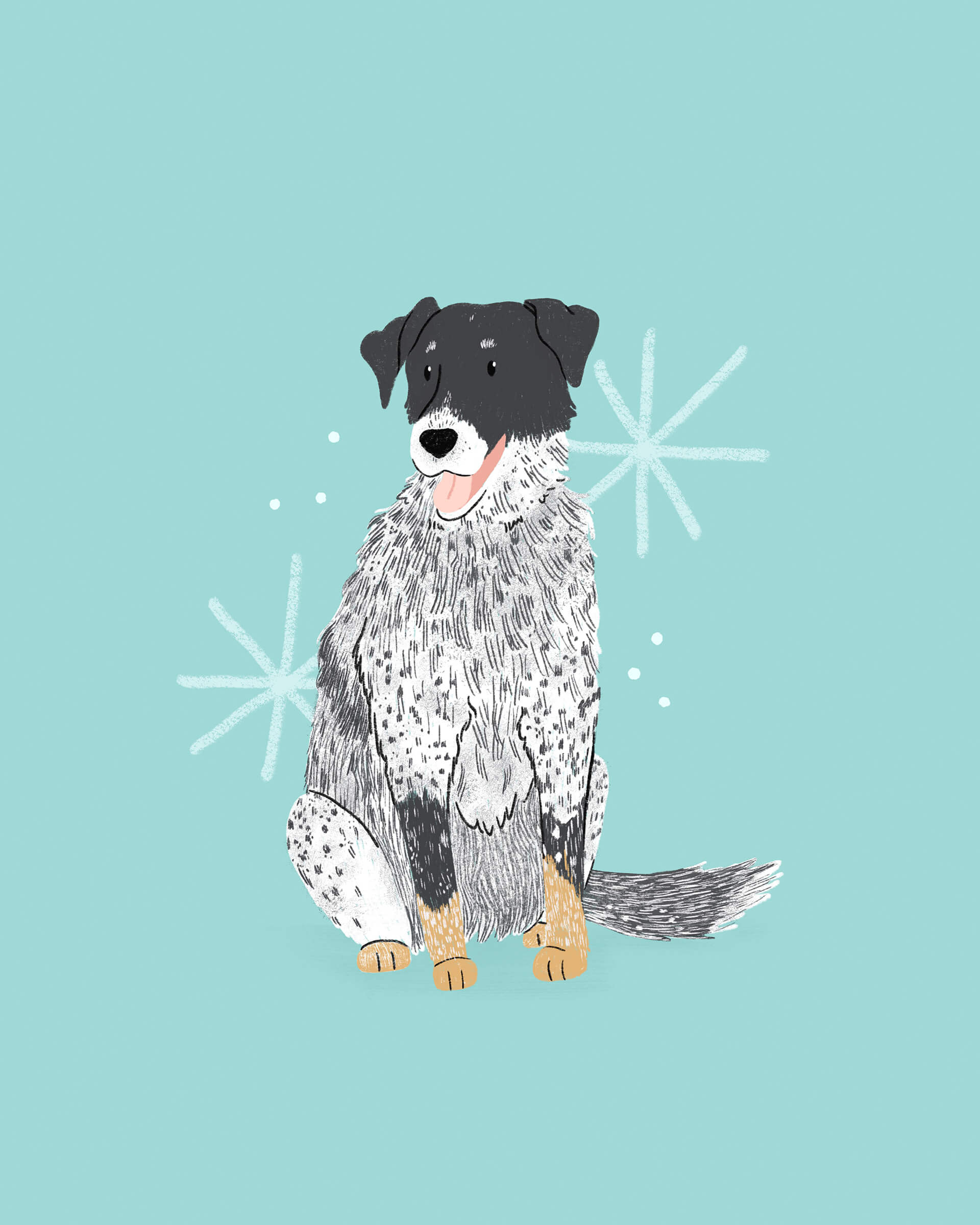 An illustration of a happy sitting dog with a fluffy tail