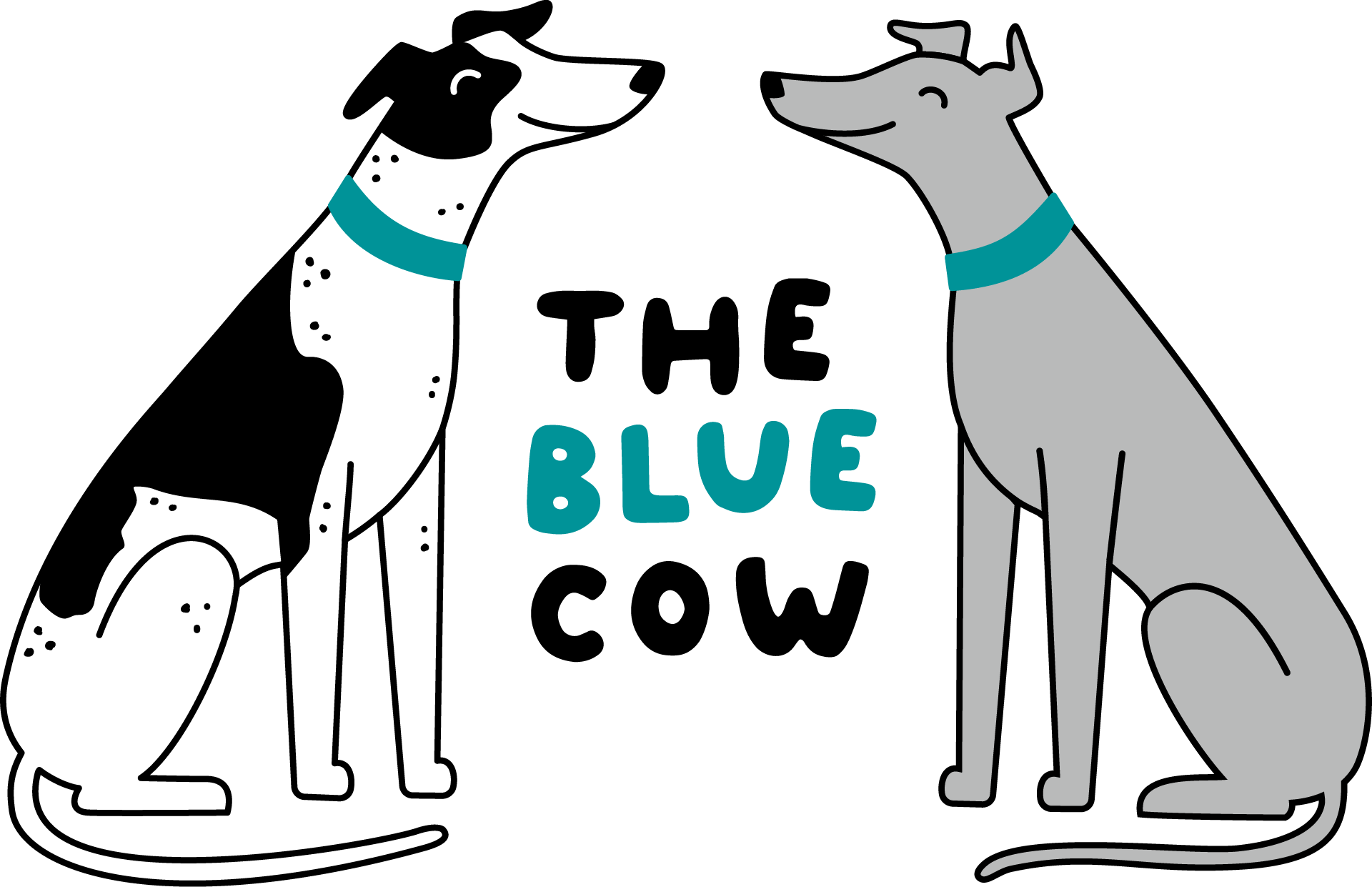 The Blue Cow logo, with two greyhounds wearing blue collars on either side of the words