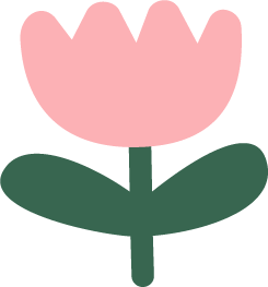 a pink flower with two green leaves and stem