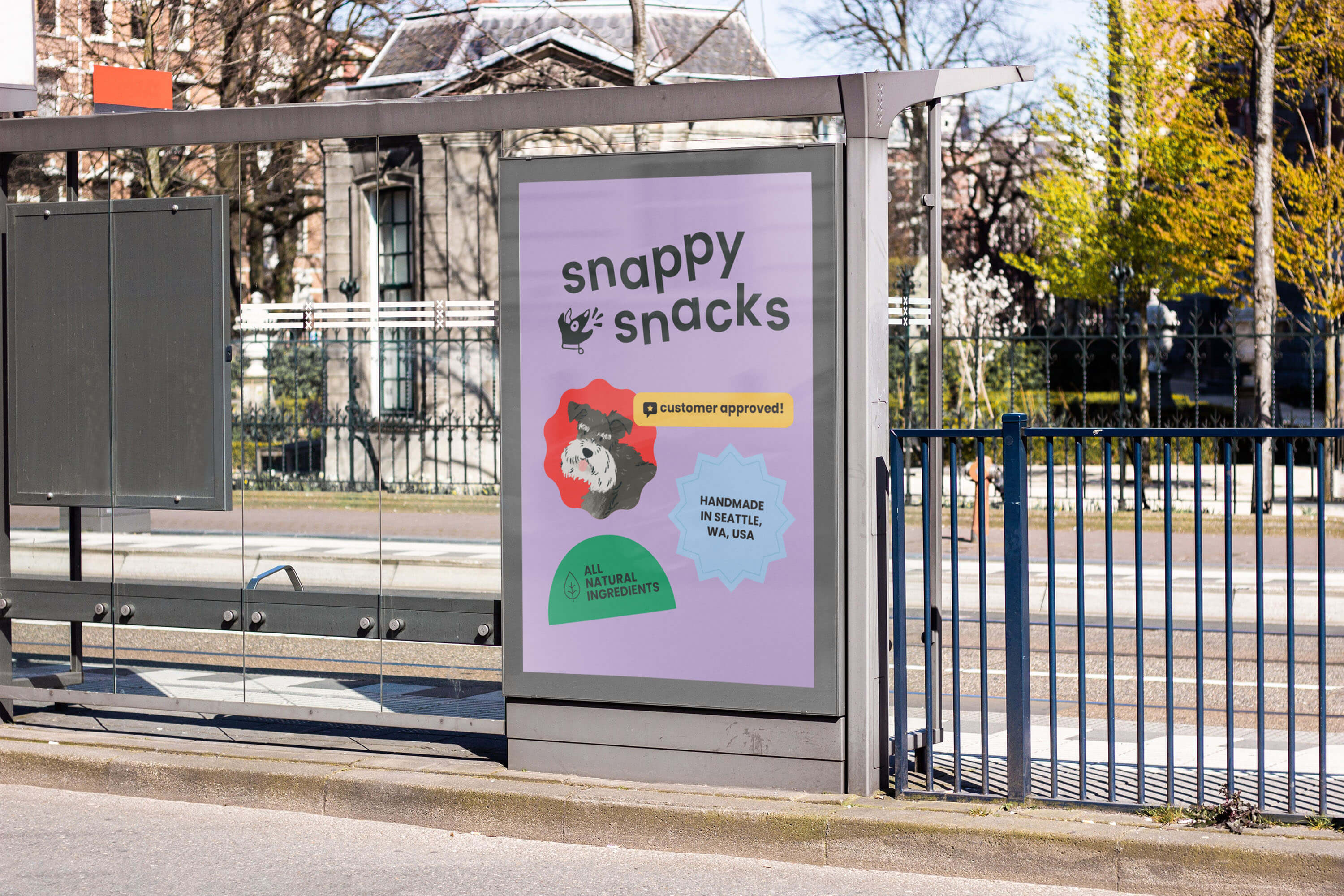 snappy snacks poster in bus shelter